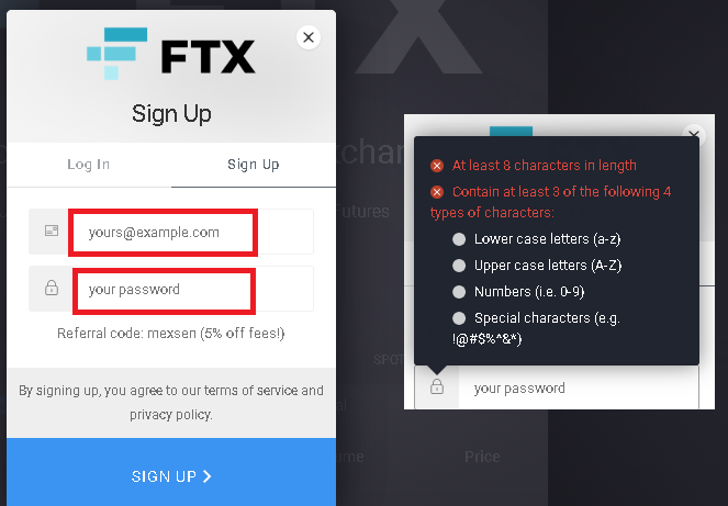 FTX取引所の登録フォーム
